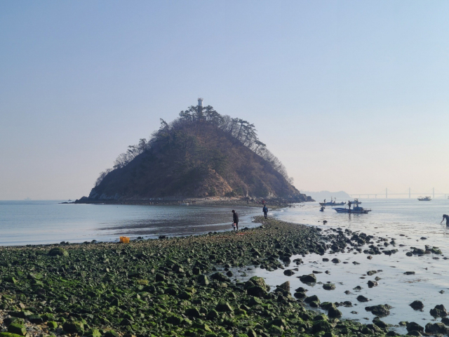 간조 때 소쿠리섬과 웅도를 연결하는 바닷길이 드러난 모습. 창원시 제공
