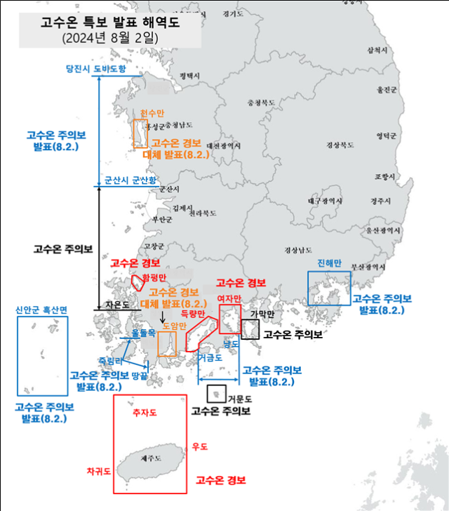 고수온 특보 발표 해역. 국립수산과학원 제공