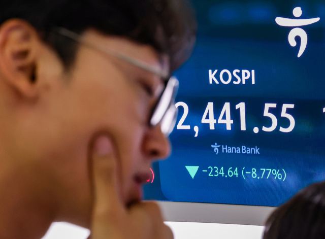 5일 오전 서울 중구 하나은행 본점 딜링룸 현황판에 코스피가 표시돼 있다. 이날 코스피는 전장보다 234.64p 내린 2,441.55로 마감했다. 최저치는 282.23포인트(10.81%) 내린 2,386.96이다. 연합뉴스