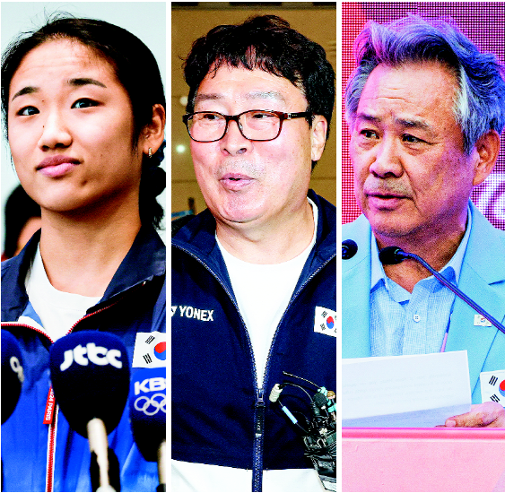 2024 파리 올림픽 배드민턴 여자 단식에서 금메달을 딴 안세영이 7일(한국시간) 인천국제공항을 통해 귀국하며 취재진의 질문에 답하고 있다. 오른쪽 사진은 김택규 대한배드민턴협회장과 이기흥 대한체육회장. 연합뉴스