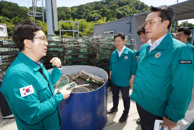 강도형(오른쪽) 해양수산부 장관이 13일 경남 통영시 한 해상 가두리 양식장을 찾아 적조 대응 상황을 점검하고 있다. 해수부 제공
