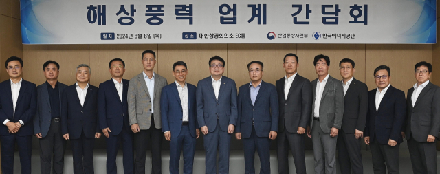 최남호 산업통상자원부 2차관(왼쪽 일곱 번째)이 지난 8일 서울 중구 대한상공회의소에서 열린 ‘해상풍력 업계 간담회’에서 참석자들과 기념 촬영하고 있다. 산업부 제공