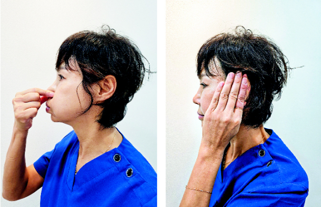 사진은 이명과 난청 환자가 혼자 훈련할 수 있는 리셋법인 하품귀 공기빼기(왼쪽)와 군만두귀법. 주관한의원 제공