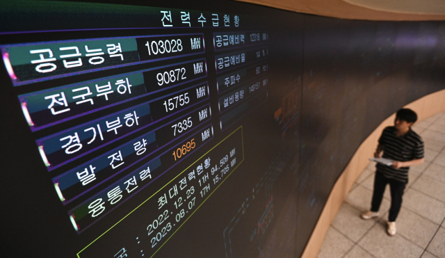 전국 대부분 지역에 폭염특보가 지속된 지난달 5일 오후 경기도 수원시 영통구 한국전력공사 경기본부 전력관리처 계통운영센터에서 관계자들이 전력수급상황을 주시하고 있다. 공동취재단 제공