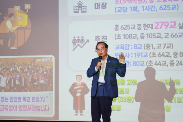 지난 2일 하윤수 부산시교육감이 서구 경남고등학교에서 딥페이크 범죄 등에 대한 법교육 특강을 하고 있다. 부산시교육청 제공