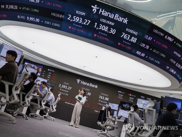 코스피와 코스닥이 동반 하락한 지난달 30일 오후 서울 중구 하나은행 본점 딜링룸의 모니터에 이날 거래를 마친 코스피. 원/달러, 코스닥 지수가 표시돼 있다. 연합뉴스