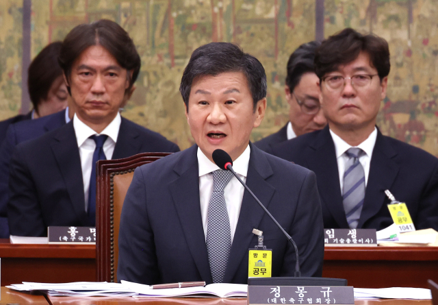 정몽규 대한축구협회장이 9월 24일 국회에서 열린 문화체육관광위원회 전체회의에 출석, 의원 질의에 답하고 있다. 연합뉴스