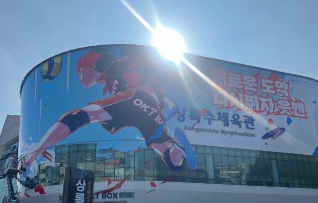 OK저축은행 배구단 상록수 체육관 외관에 랩핑된 캐릭터의 모습. OK저축은행 제공