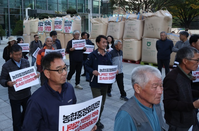 전국농민회총연맹이 24일 서울 농협중앙회 앞에서 쌀값보장 촉구대회를 하고 있다. 연합뉴스