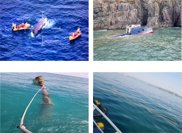 항행장애물 관련 사진. 침몰선박(상단), 쇠파이프(좌측 하단), 폐로프(우측 하단). 해수부 제공