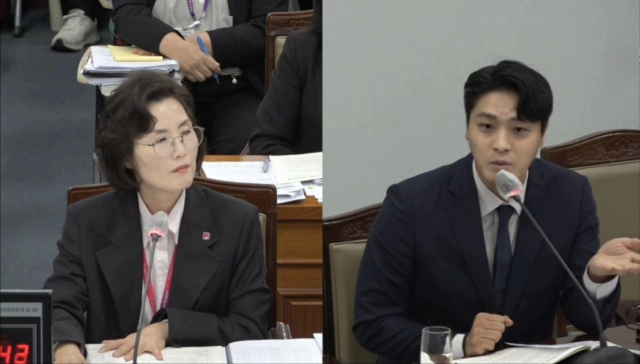 부산시의회 복자환경위 소속 이준호(오른쪽·금정2) 의원이 지난해 11월 부산시 시민건강국 행정사무감사에서 이소라 시민건강국장에게 시 산하 건강도시사업지원단 관련한 질문을 하고 있다. 시의회 영상회의록 캡처