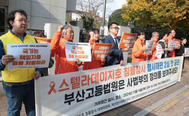 스텔라데이지호 침몰사고 형사재판 2심 첫 공판을 앞두고 14일 ‘스텔라데이지호 침몰참사 대책위원회’ 등 시민단체들이 부산고법 앞에서 책임자 엄중 처벌 등을 촉구하는 기자회견을 열고 있다. 정대현 기자 jhyun@