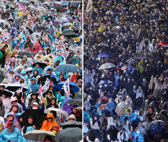 더불어민주당 이재명 대표의 공직선거법 위반 관련 1심 선고 후 첫 주말인 16일 보수진영, 진보 진영의 도심 집회는 계속됐다. 이날 오후 전국안보시민단체연합 등 보수단체 회원들이 서울 세종대로에서 집회를 하고 있다. 같은 날 오후 광화문 인근에서 열린 정권 규탄 집회에서 참가자들이 휴대폰 불빛을 켜고 구호를 외치고 있다. 연합뉴스