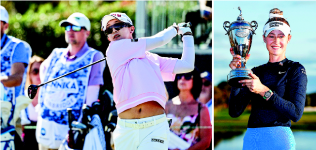 임진희가 18일 미국 플로리다주 벨에어에서 열린 LPGA 투어 더 안니카 드리븐 최종 라운드에서 티샷을 하고 있다. 오른쪽 사진은 우승컵을 들고 기뻐하고 있는 넬리 코르다. AP·AFP연합뉴스