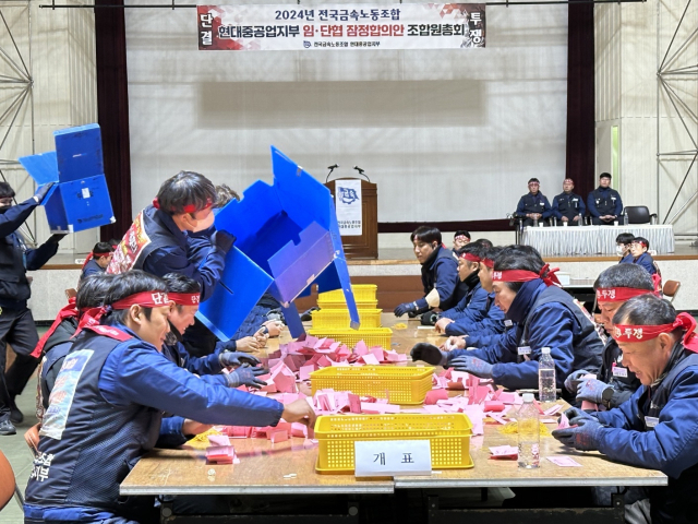 HD현대중공업 노조가 21일 울산 본사 체육관에서 올해 임단협 2차 잠정합의안에 대한 조합원 찬반투표 기표 용지를 확인하고 있다. 현대중공업 노조 제공