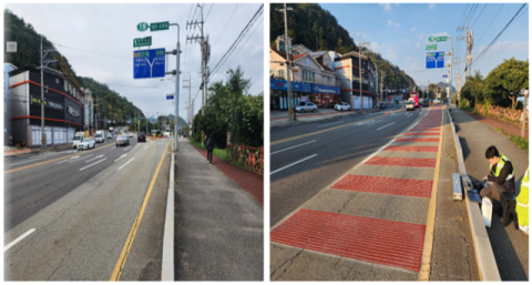 거제시 19번 교차로 횡방향 그루빙 설치 전(좌)·후(우) 현장 사진. 한국도로교통공단 제공