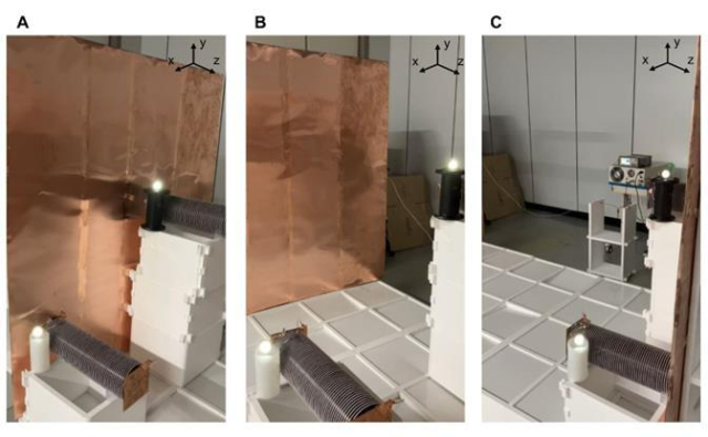 그림. 수신기를 여러 대 배치했을 때 충전 효율 다중 ERWPT 수신기에 4W LED를 부하로 적용한 경우, 동일한 xy-평면에서 모든 LED가 동일한 밝기를 나타냄을 확인한 사진. 이는 ERWPT 시스템이 동일한 xy-평면에서 동일한 전력 전송 효율을 유지하며, 단일 전력 송신기로 다중 수신기 연결이 가능함을 보여줌. UNIST 제공