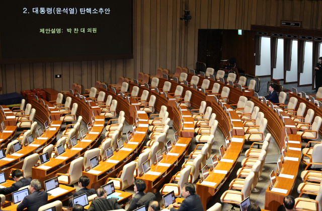 7일 오후 국회 본회의에서 대통령 탄핵소추안에 대한 더불어민주당 박찬대 원내대표의 제안 설명 때 국민의힘 의원들이 퇴장해 의석이 비어 있는 모습. 연합뉴스
