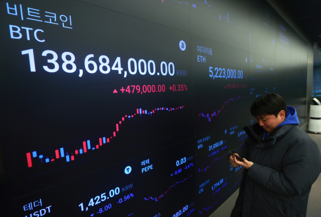 15일 오후 2시 30분께 비트코인 가격이 국내 가상자산거래소 업비트에서 역대 최고가인 1억 4700만 원을 ‘터치’했다. 사진은 지난 11일 서울 강남구 업비트 라운지 전광판에 비트코인 시세가 표시된 모습. 연합뉴스