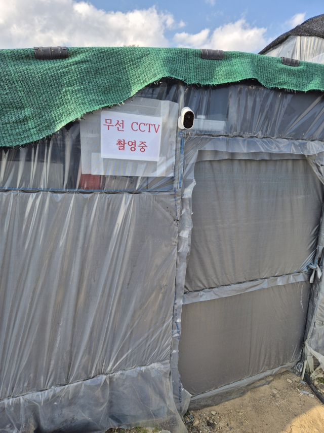 진주시의 한 딸기 하우스. 입구 쪽에 CCTV와 이를 알리는 팻말이 설치됐다. 김현우 기자