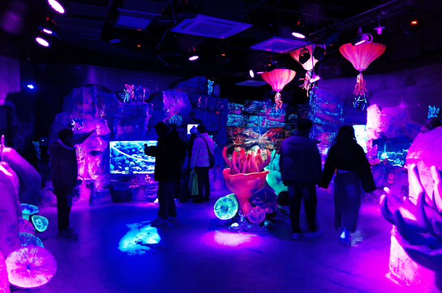 빛나는 산호들과 해양생물들을 만날 수 있는 씨앳나잇 전시존 모습. 씨라이프 부산 제공