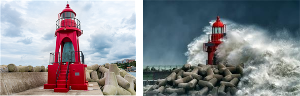 1월 이달의 등대에 경북 경주시 감포읍 척사항북방파제등대가 선정됐다. 사진은 척사항북방파제등대 전경(왼쪽) 및 제4회(2023년) 등대사진공모전 대상 수상작. 해수부 제공