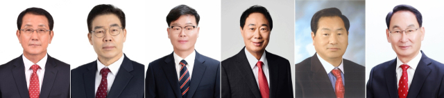 거제시장 재선거 국민의힘 예비후보. 왼쪽부터 권태민, 김봉태, 박환기, 천종완, 황영석, 권민호. 중앙선거관리위원회 제공