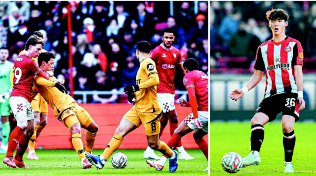 11일 열린 FA컵 브리스틀 시티와 경기에서 상대 선수와 볼 경합을 벌이고 있는 울버햄프턴의 황희찬(왼쪽 사진). 12일 플리머스전에서 드리블을 하고 있는 브렌트퍼드의 김지수. AFP연합뉴스