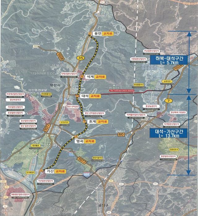 기재부 예타 조사 대상에 선정돼 개설에 청신호가 켜진 국도 35호선 우회도로 노선도. 양산시 제공