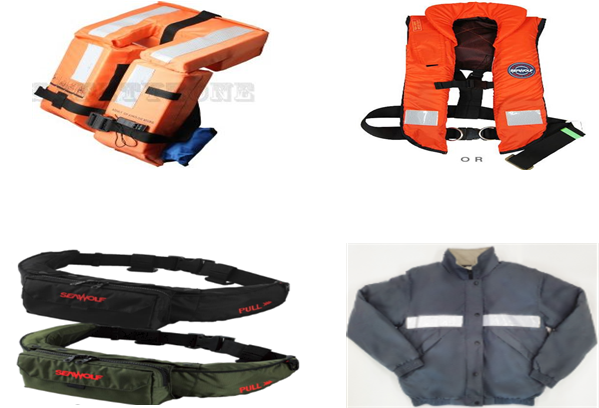 구명조끼 형태. (좌측상단부터 시계방향) 고체식, 팽창식, 구명의(救命衣), 벨트형. 해수부 제공