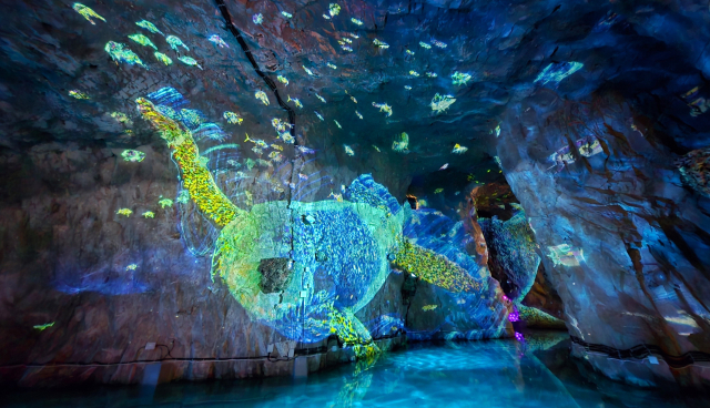 울산 자수정동굴나라 뉴미디어광장에 유영하는 고래가 영상으로 비치고 있다. 남태우 기자