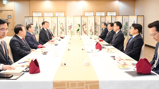 최상목(오른쪽 세 번째) 대통령 권한대행 부총리 겸 기획재정부 장관이 17일 정부서울청사에서 시·도지사 협의회 신임 임원단 오찬간담회를 하고 있다. 기재부 제공