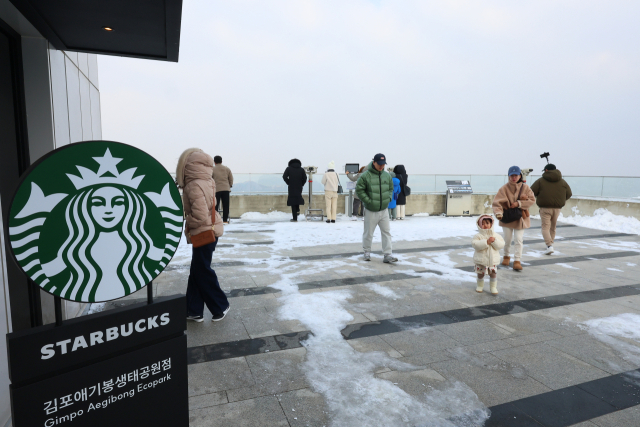 지난해 12월 21일 오후 경기 김포시 애기봉 평화생태공원 조강전망대를 찾은 시민들이 스타벅스 김포애기봉 생태공원점 앞에서 북한 황해도 개풍군을 바라보고 있다. 이 스타벅스는 북한과 불과 1.4㎞ 떨어진 비무장지대인 애기봉에 지난해 11월 29일 문을 열었다. 연합뉴스