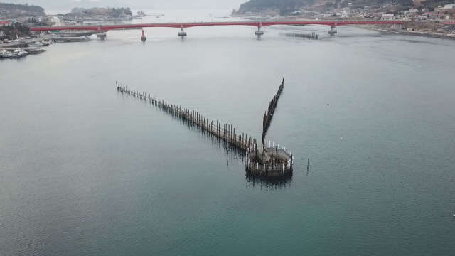 남해 죽방렴 모습. 현재 지족해협에 23기가 운영되고 있는 남해군 죽방렴은 한반도에 현존하는 유일한 전통 함정어업으로, 500여 년 동안 이어져 왔다. 김현우 기자