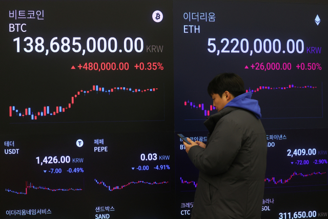 지난달 11일 서울 강남구 업비트 라운지 전광판 비트코인 시세. 연합뉴스