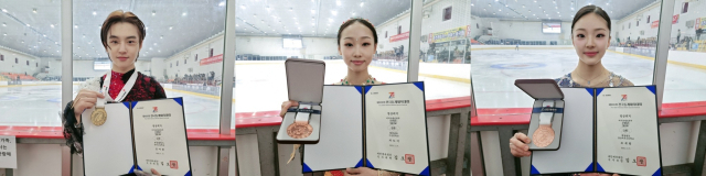 전국동계체전 빙상 부문 피겨스케이팅 종목에서 메달을 획득한 (왼쪽부터) 김아론, 차도이, 조세림 선수. 김해문화관광재단 제공