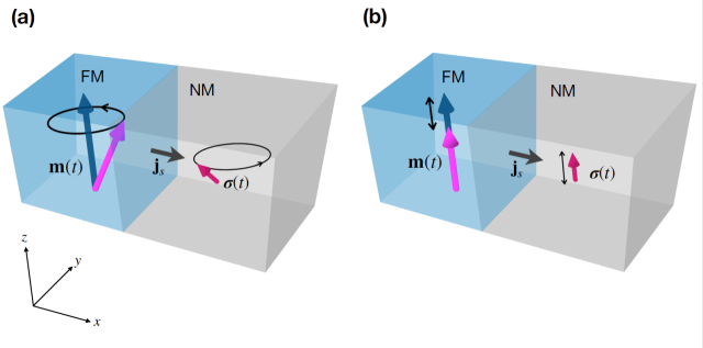 그림. 고전역학적 스핀 펌핑(a)과 양자역학적 스핀펌핑(b) 개략도. 스핀 펌핑이란 자성체(FM, 파란색)와 비자성체(NM, 회색)를 접합시켰을 때 발생하게 된다. (a)에서 표현한 고전역학적 스핀 펌핑은 자화(m(t), 분홍색 화살표)의 크기가 유지된 상태에서 세차운동으로 인해 비자성체로 스핀이 빠져나가는 반면에, (b)에서 표현한 양자역학적 스핀 펌핑은 자화(m(t), 분홍색 화살표)의 크기가 변하면서 비자성체로 스핀이 빠져나가는 것을 의미한다. 이경진 교수(KAIST), 김갑진 교수(KAIST), 정명화 교수(서강대) 제공
