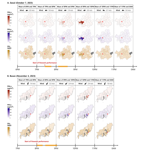 그림. 대기오염은 바람이 부는 방향으로 확산해 동풍이 불던 서울세계불꽃축제는 이벤트 서쪽 지역이, 북동풍이 불던 부산불꽃축제는 이벤트 남서지역의 미세먼지 농도가 급격히 높아진 것을 확인함. 고려대 최윤형 교수 제공