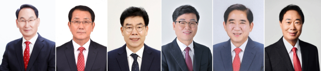 거제시장 재선거 국민의힘 경선 후보. 왼쪽부터 권민호(68) 전 거제시장, 권태민(66) 전 거제해양관광개발공사 상임이사, 김봉태(64) 전 밀양시 부시장, 박환기(62) 전 거제시 부시장, 정연송(65) 전 거제해양관광개발공사 사장, 천종완(65) 전 거제시의원(이상 가나다순). 부산일보DB