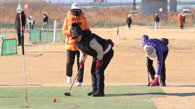 24일 부산 강서구에서 열린 제1회 브라마배 전국파크골프대회 결선 여자부 출전자들이 공을 치고 있다. 남태우 기자