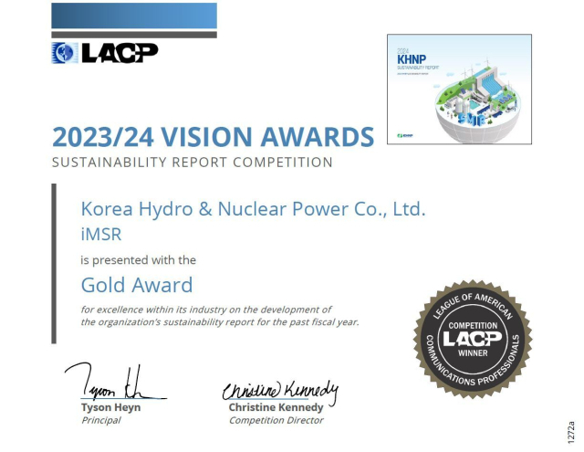 LACP 2023~24 Gold Awards 상장. 한수원 제공