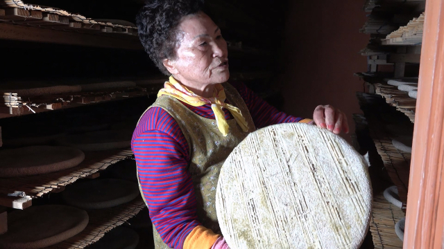 전덕순 씨가 누룩 곰팡이가 핀 누룩을 들고 있습니다. 이정 PD luce@