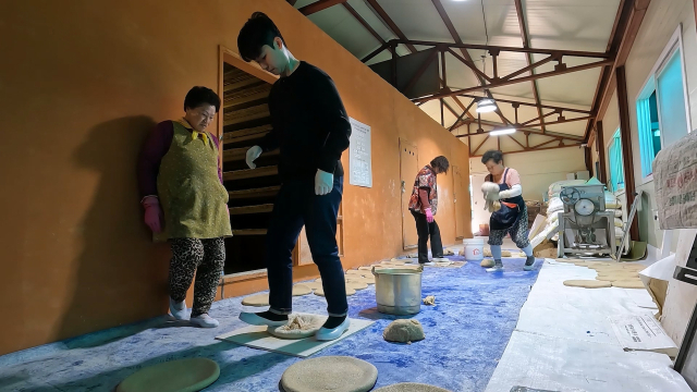 전통 방식의 누룩 딛기는 섬세한 힘 조절과 균형 감각이 필요한 작업입니다. 전덕순(왼쪽) 씨에게 '누룩 딛기'를 배운 기자가 통밀 반죽을 밟아 둥근 모양의 누룩으로 빚고 있습니다. 이정 PD luce@