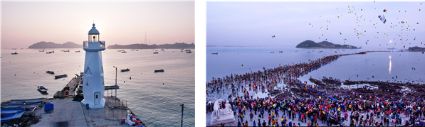 3월 이달의 등대로 전남 진도군 고군면의 회동항방파제등대가 선정됐다. 사진은 회동항방파제등대 전경(왼쪽) 및 진도 신비의 바닷길 축제 모습(출처: 김순애-진도군 관광문화 누리집). 해수부 제공