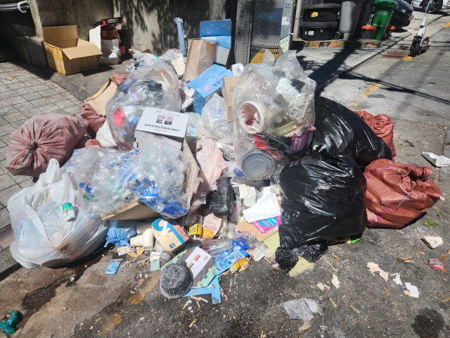 지난해 7월 경남 창원시 성산구 상남상업지구에 폐기물·재활용 쓰레기 등이 수북하게 쌓여 악취를 풍기고 있다. 강대한 기자