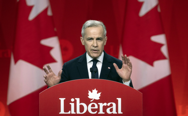 9일(현지 시간) 캐나다 총리로 취임할 예정인 자유당 마크 카니 신임 대표가 캐나다 온타리오주에서 당 대표로 선출된 직후 연설하고 있다. AP연합뉴스연합뉴스