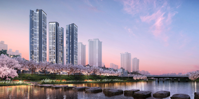 반도건설이 시공하는 400가구 규모의 동래구 낙민동 ‘동래 반도유보라’가 이달 청약을 실시한다. 온천천 시민공원과 어우러지는 아파트 단지 조감도의 모습(위)과 남향 위주의 배치로 채광을 극대화한 예상 투시도(아래). 반도건설 제공