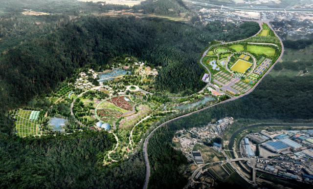 부산시가 국내 최대 규모 공립수목원으로 조성 중인 해운대수목원 조감도. 돔처럼 생긴 곳이 온실이다. 부산시청 제공