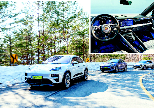 포르쉐 첫 순수 전기 SUV ‘마칸 일렉트릭’ 주행 모습과 내부(작은 사진). 포르쉐코리아 제공