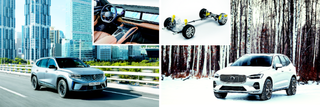 르노코리아의 ‘그랑 콜레오스’ 주행 모습과 조수석 디스플레이 탑재(왼쪽), 볼보 ‘XC 60 윈터 에디션’과 이 차에 장착된 에어서스펜션, 르노코리아·볼보차코리아 제공